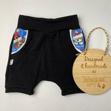 Load image into Gallery viewer, Harem Shorts -Black with Xmas glitter Puppies