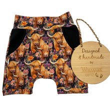 Load image into Gallery viewer, Harem Shorts- NEW Floral highland cow  - limited edition
